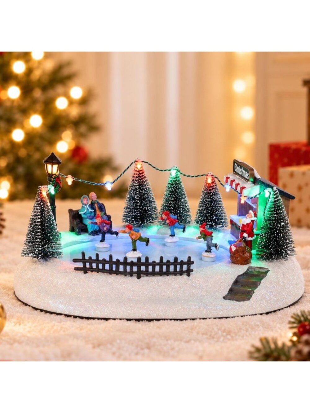 Animated Christmas Village House with Ice Skating Pond - Holiday Decor, Festive